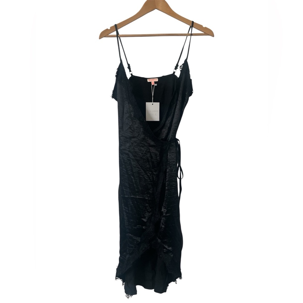 Solaris Style‎ Black Wrap Spaghetti Strap Dress Lace Trim Size Medium NWT